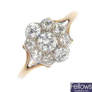 An early 20th century 15ct gold diamond cluster ring.