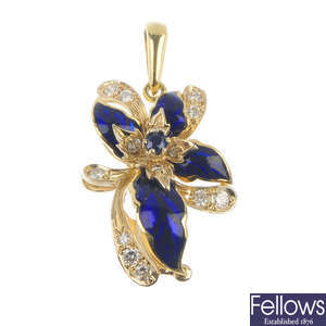 A sapphire, diamond and enamel floral pendant.