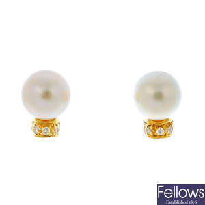 A pair of 9ct gold cultured pearl and diamond ear studs.