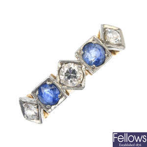 An early 20th century 18ct gold and platinum diamond and sapphire five-stone ring.