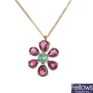 An 18ct gold tourmaline floral pendant and 9ct gold chain. 