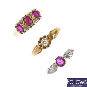 A selection of three 18ct gold gem-set and diamond rings.