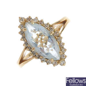 A 14ct gold aquamarine and diamond ring.