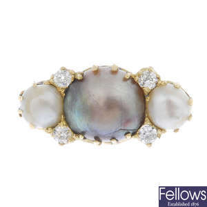 A mabe pearl and diamond brooch. 