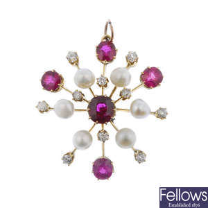 A late 19th century gold ruby, diamond and pearl spray pendant. 