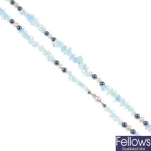 An aquamarine, cultured pearl and haematite necklace.