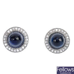 A pair of sapphire and diamond cluster ear studs.