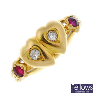 A late Victorian 18ct gold diamond and ruby ring.
