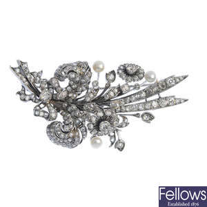 A mid 20th century cultured pearl and diamond floral spray brooch. 
