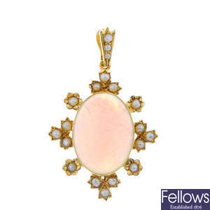 An early 20th century 15ct gold opal and split pearl pendant.