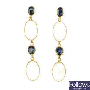 A pair of 14ct gold moonstone and sapphire ear pendants.