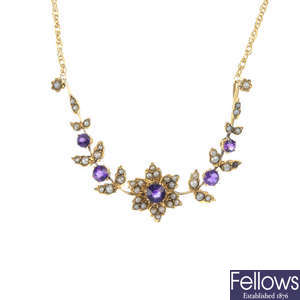 An early 20th century gold amethyst and split-pearl necklace.