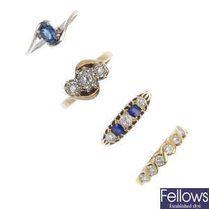 A selection of four diamond and gem-set rings.