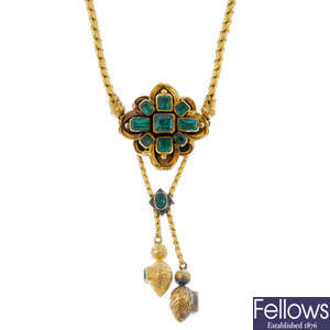 A late 19th century 18ct gold emerald necklace.