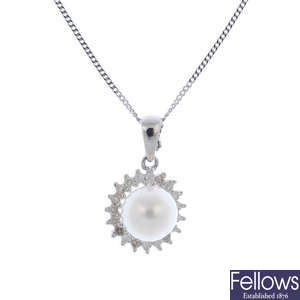 A selection of three sets of cultured pearl and diamond jewellery.