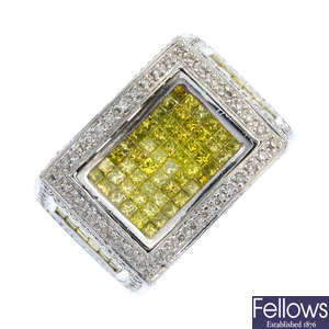 A gentleman's 14ct gold treated 'yellow' diamond and diamond dress ring.