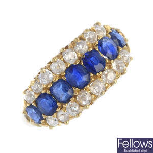 A late Victorian 18ct gold sapphire and diamond three-row ring.