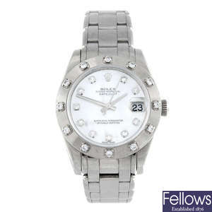 ROLEX - a mid-size 18ct white gold Oyster Perpetual Datejust Pearlmaster bracelet watch.