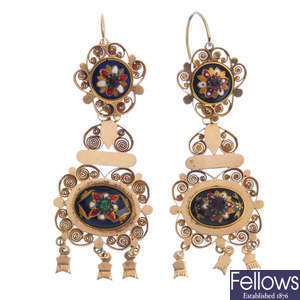 A pair of late 19th century 18ct gold, enamel and paste ear pendants.