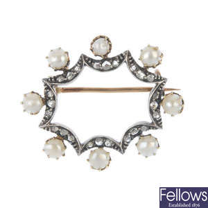 A late 19th century silver and gold, diamond and split pearl brooch.