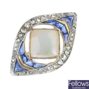 A mother-of-pearl, sapphire and diamond dress ring.