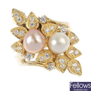 A cultured pearl and cubic zirconia dress ring. 