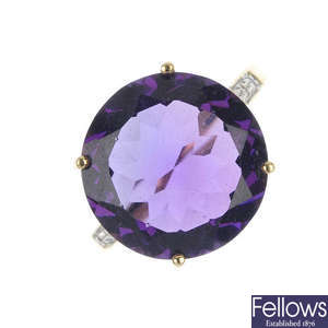 A 9ct gold amethyst and paste ring, together with a pair of amethyst and diamond earrings. 