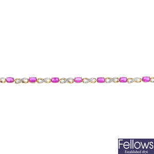 A 9ct gold synthetic sapphire and diamond bracelet.