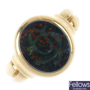 A late Victorian 18ct gold bloodstone intaglio ring.