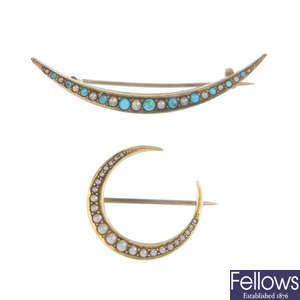 Two late 19th century 15ct gold split pearl and turquoise crescent brooches.