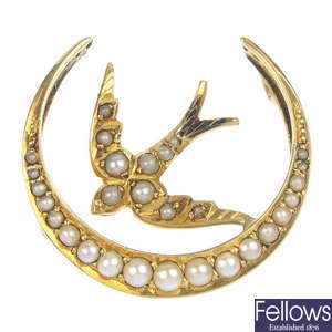 A late Victorian 15ct gold split pearl swallow and crescent moon brooch.