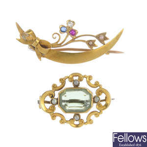Two late 19th century 15ct gold gem-set brooches.