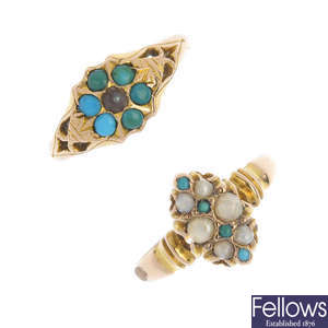 Two mid to late Victorian 15ct gold turquoise and split pearl dress rings.