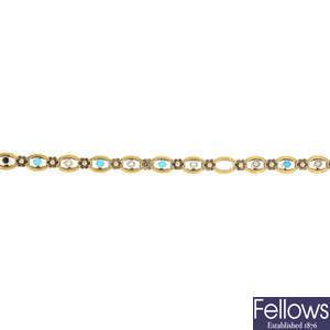 An early 20th century 15ct gold turquoise and split pearl floral bracelet.