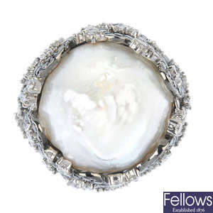 A baroque cultured pearl and diamond dress ring. 