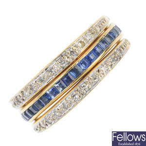 A diamond, sapphire and emerald full-circle eternity ring.