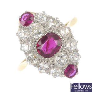 A mid 20th century 18ct gold and platinum, ruby and diamond dress ring. 
