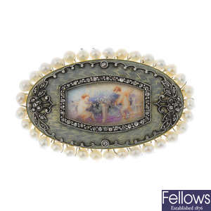 An early 20th century gold, enamel, diamond and seed pearl brooch.