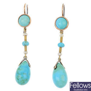 A pair of turquoise and seed pearl ear pendants. 