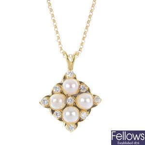 An 18ct gold cultured pearl and diamond pendant.