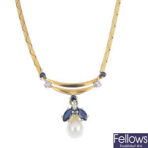 A 9ct gold cultured pearl, sapphire and diamond necklace.