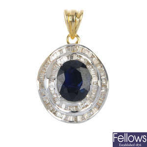 A 9ct gold sapphire and diamond cluster pendant.