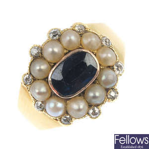 An early Victorian gold, sapphire, split pearl and diamond memorial ring.