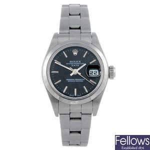 ROLEX - a lady's stainless steel Oyster Perpetual Date bracelet watch.
