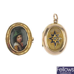 A late 19th century gold brooch and locket.
