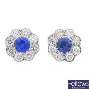 A pair of sapphire and diamond floral cluster ear studs.