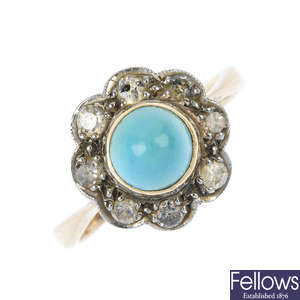 A mid 20th century 18ct gold turquoise and diamond cluster ring.