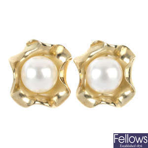 A selection of five pairs of cultured pearl earrings.