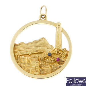 A gem-set pendant depicting San Francisco. 