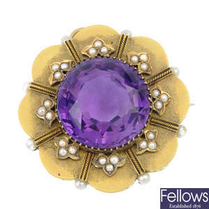 A late 19th century gold, amethyst, split and seed pearl brooch.